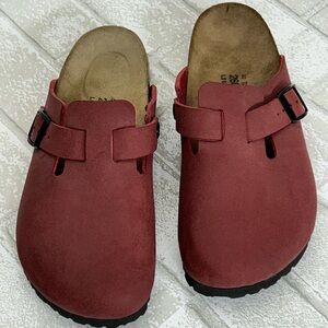 Red Suede Clogs with Buckle
